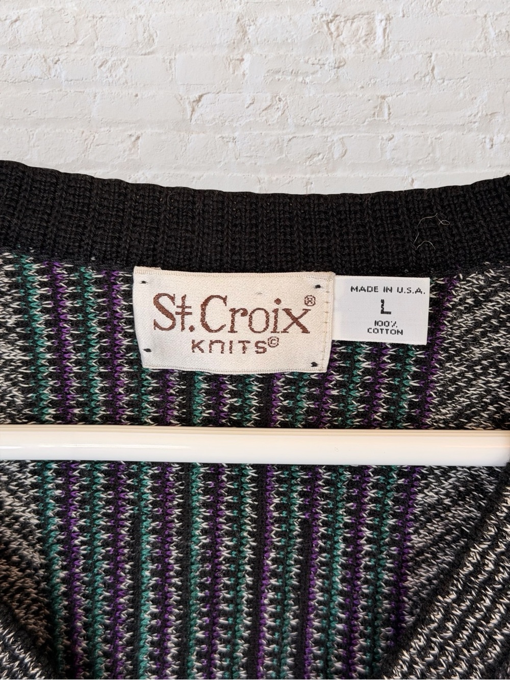 St. Croix Knits Vintage 90s Multicolor Stripe V-Neck Grandpa Sweater USA Large - Picture 6 of 6